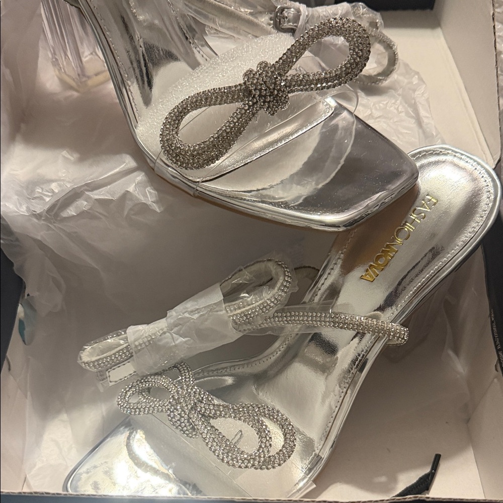 Fashion Nova Silver Heels with Rhinestone Bow